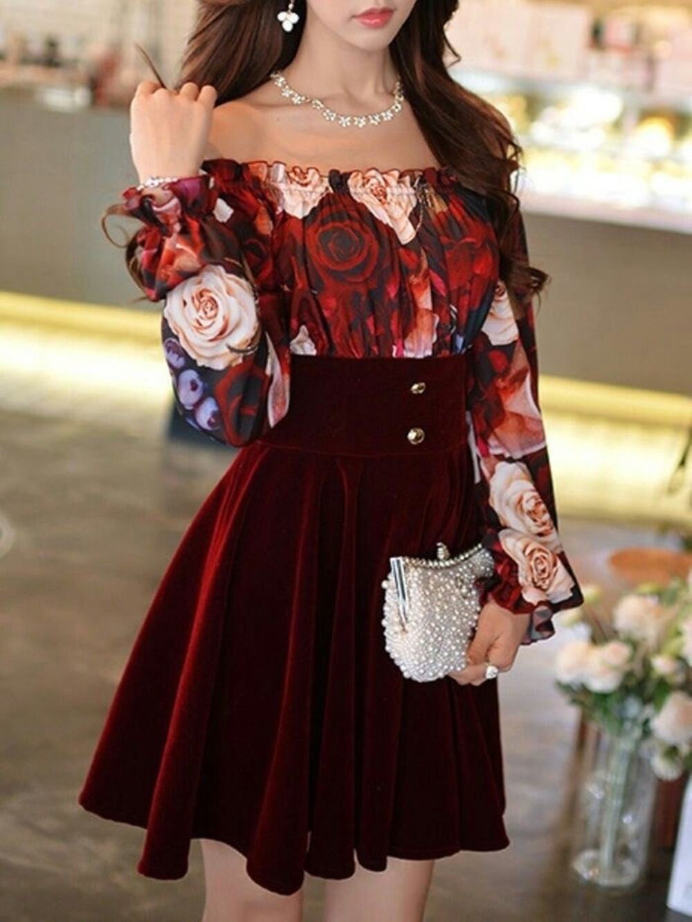 Womens Floral Long Sleeve Velvet Dress Dark Academia Whimsigoth Elegant Medium